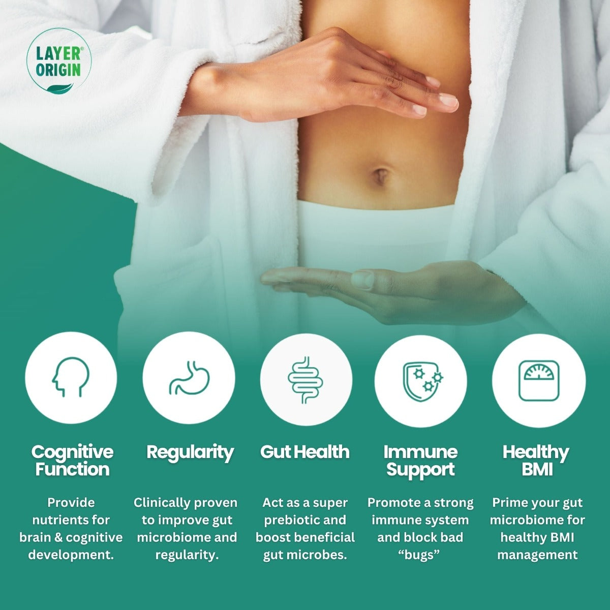 PureHMO® Human Milk Oligosaccharide Prebiotic Powder Major benefits - Layer Origin Nutrition