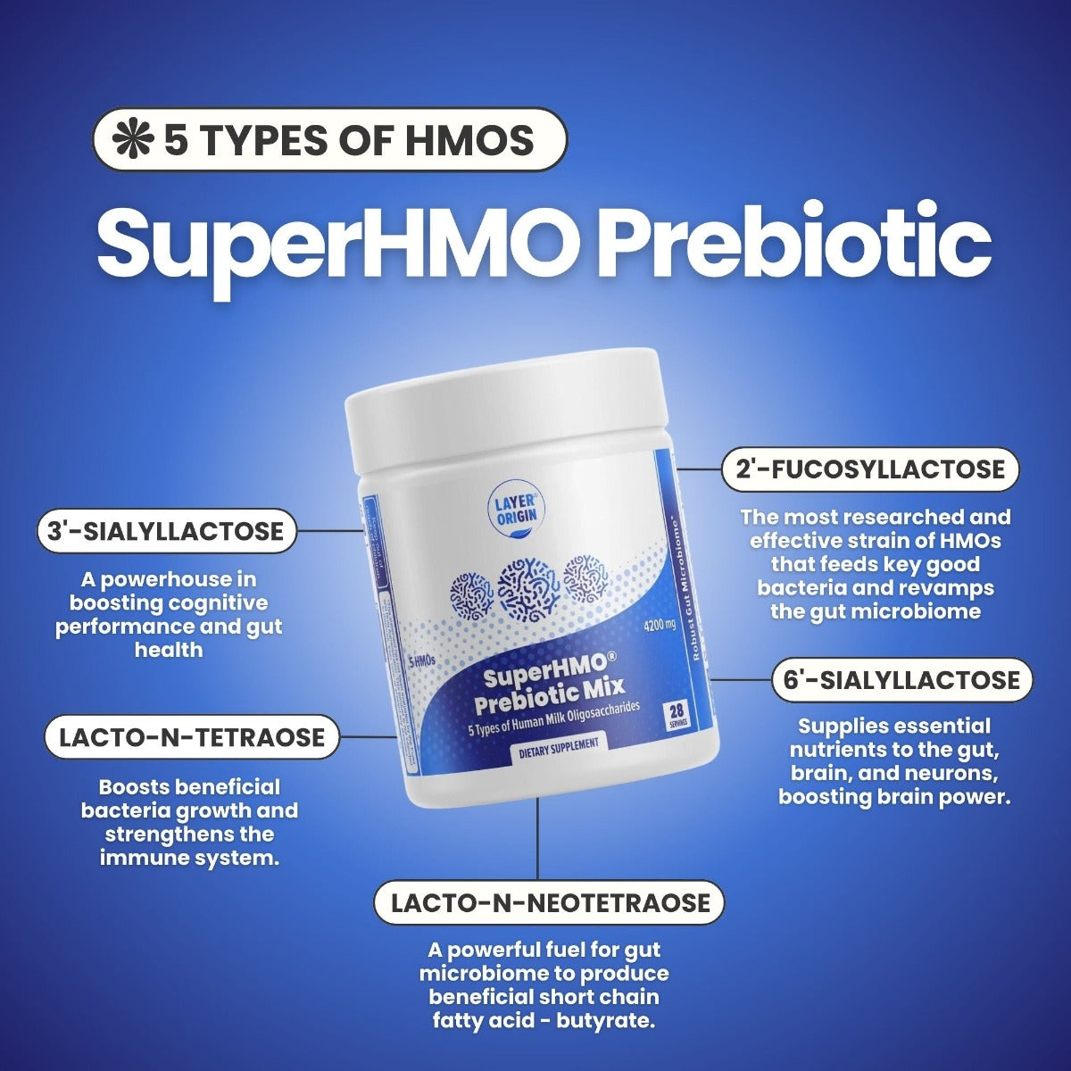SuperHMO prebiotic 5 HMO mix 2FL LNT, LNNT, 3SL, 6SL, Major Benefits, human milk oligosaccharides Major Ingredients - Layer Origin
