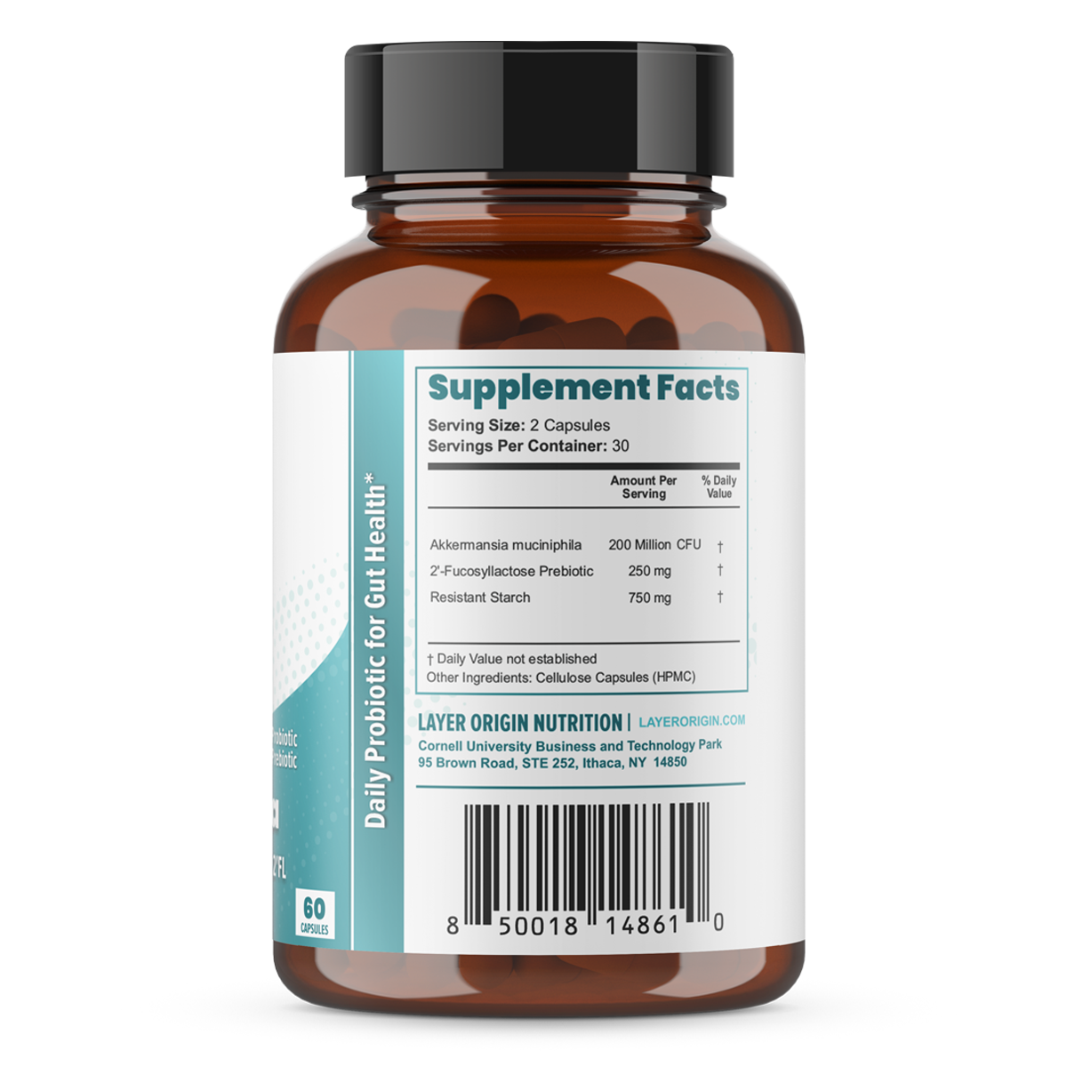 Akkermansia Muciniphila, Daily Probiotic, 200 million AFU, HMO prebiotic, Resistant starch Supplemental Facts Panel Label